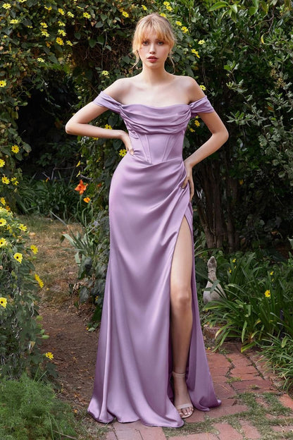 Satin Off The Shoulder Leg Slit Gown By Ladivine 7492 - Women Evening Formal Gown - Special Occasion