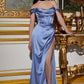 Satin Off The Shoulder Leg Slit Gown By Ladivine 7492 - Women Evening Formal Gown - Special Occasion