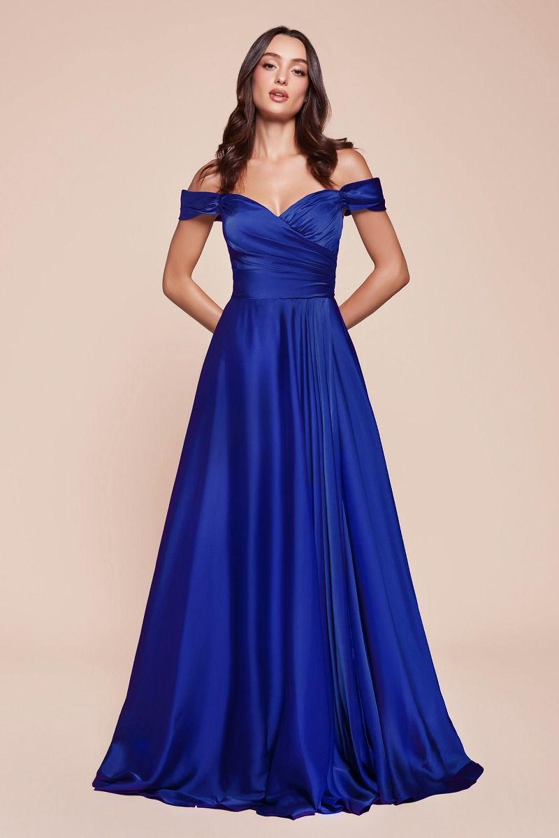 Satin Off The Shoulder A-Line Slit Gown By Ladivine 7493 - Special Occasion
