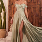 Satin Off The Shoulder A-Line Slit Gown By Ladivine 7493 - Special Occasion