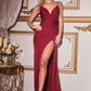 Satin Fitted V-Neck Ruched Slit Women Formal Gown By Ladivine 7494C - Curves