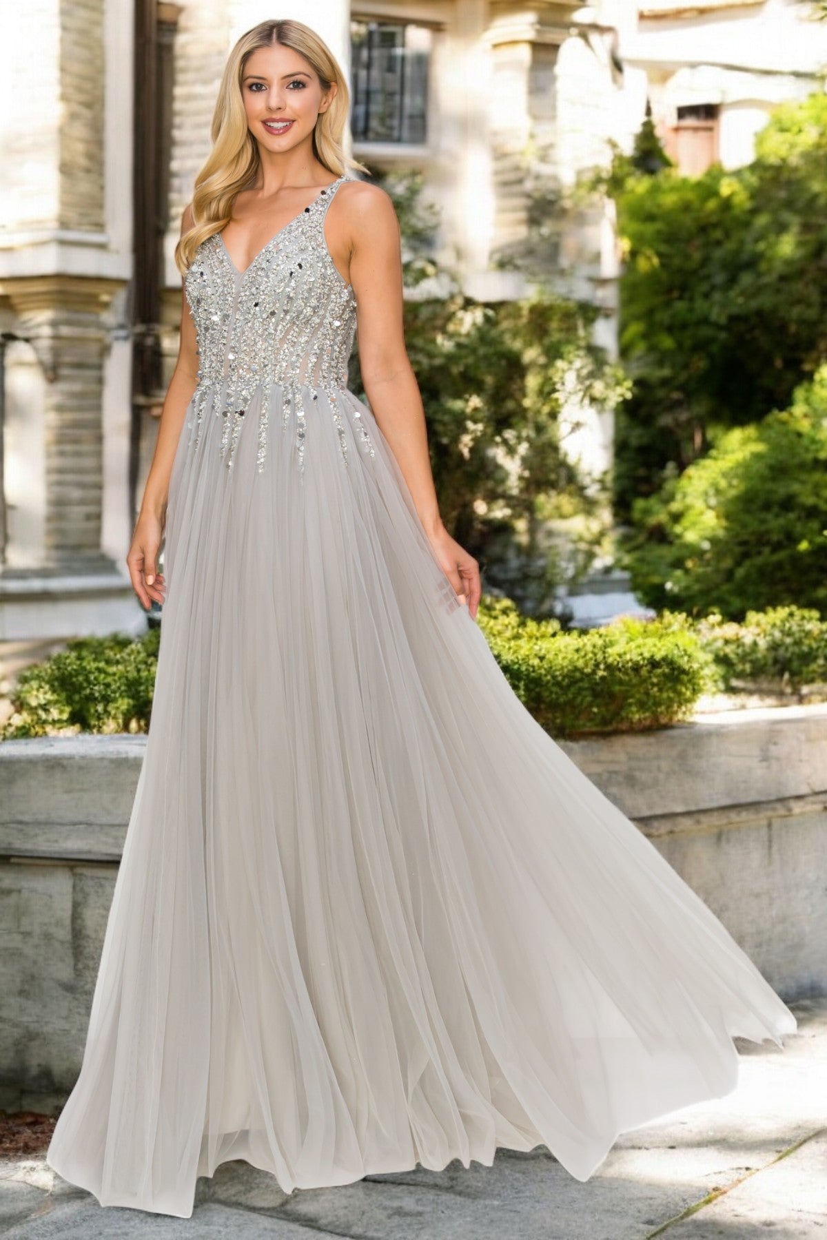 Bliss Sequin Lace Applique Sleeveless Tulle Long Dress for Women, Sizes XS-3XL Juniors L / Silver