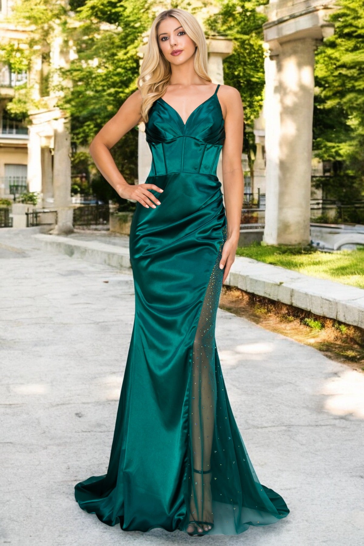 Embellished Satin Leg Slit Party Dress by Cinderella Couture USA AS8037J