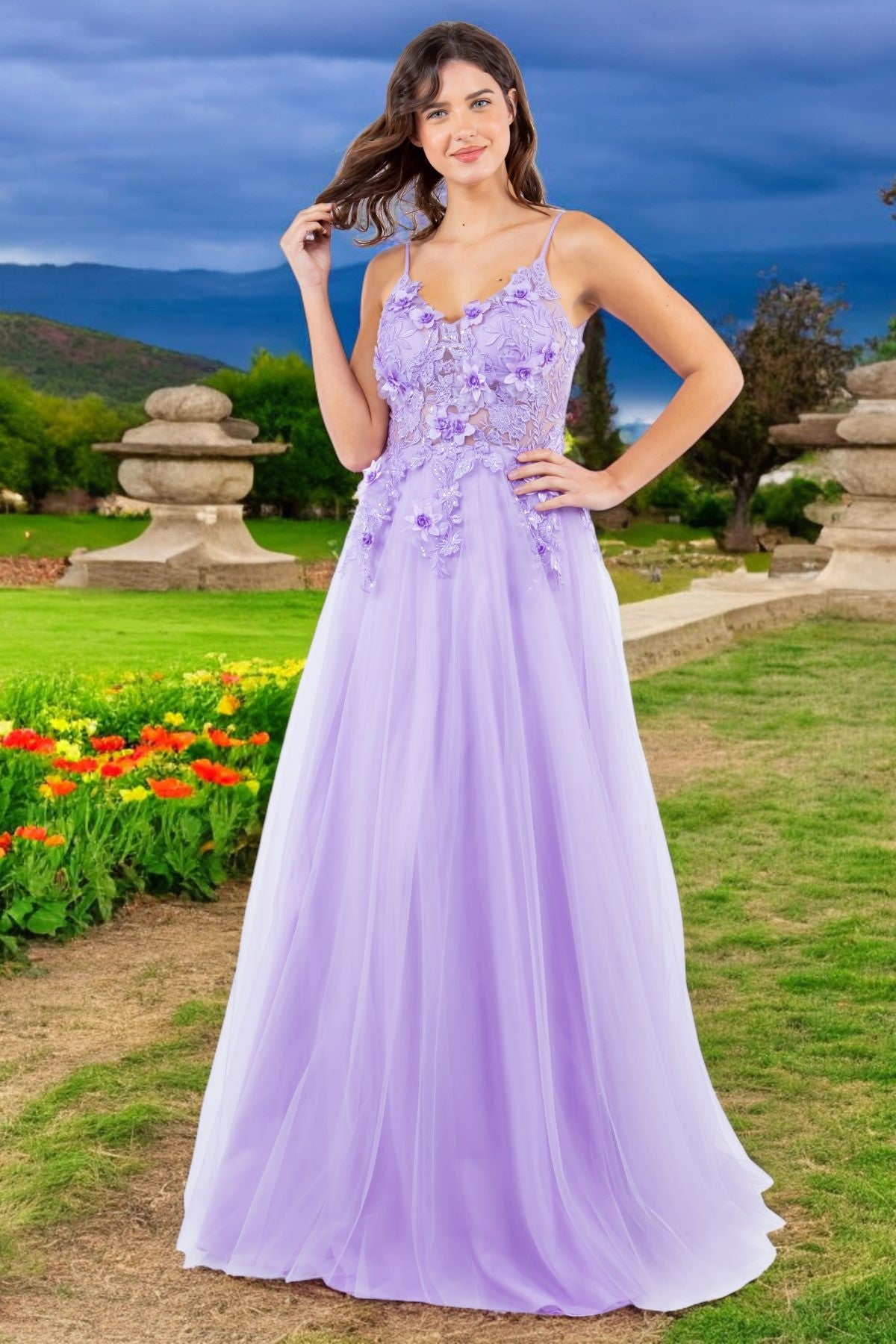 3D Floral Applique Lace A-Line Party Dress by Cinderella Couture USA AS8038J