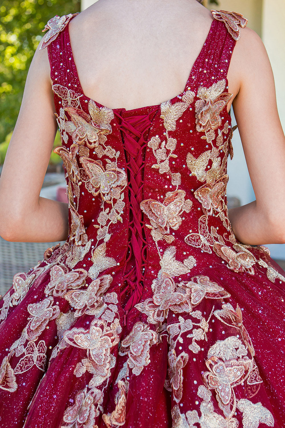 strapless open back dress Cinderella Couture USA AS8046 Embroidered 3D Butterflies Mini Quince 12 / Champagne