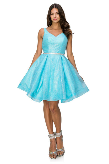 Sleeveless Glitter V-Neck Short Party Dress by Cinderella Couture USA AS8047J Blue / 16/3X Sleeveless Glitter V-Neck Short Party Dress by Cinderella Couture USA AS8047J Blue / 16/3X