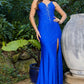 Rhinestone V-Neckline Leg Slit Party Dress by Cinderella Couture USA AS8048J