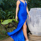 Rhinestone V-Neckline Leg Slit Party Dress by Cinderella Couture USA AS8048J