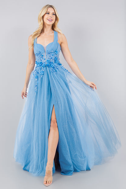 3D Floral Halter A-Line Slit Party Dress by Cinderella Couture USA AS8076J