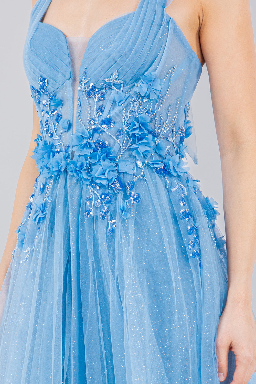 3D Floral Halter A-Line Slit Party Dress by Cinderella Couture USA AS8076J Dusty Blue / 8/M