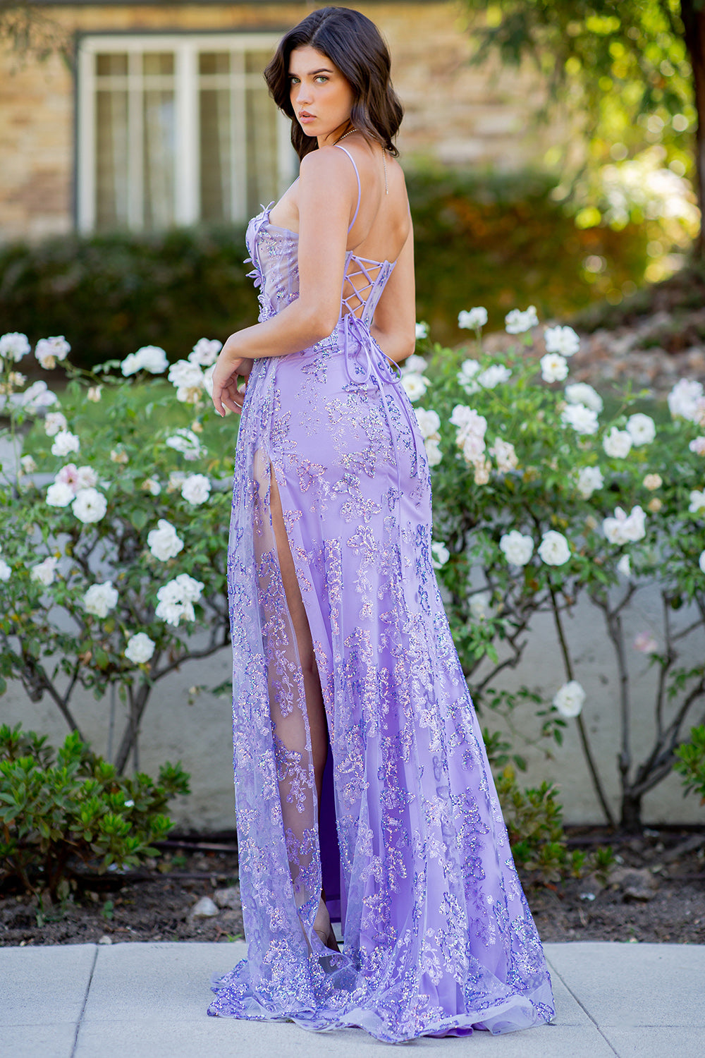 slit party dress Wedtrend Women Sparkly Lilac Prom Dress Mermaid Spaghetti Strap Long Formal Evening Dress with High Slit, Lilac / US18W