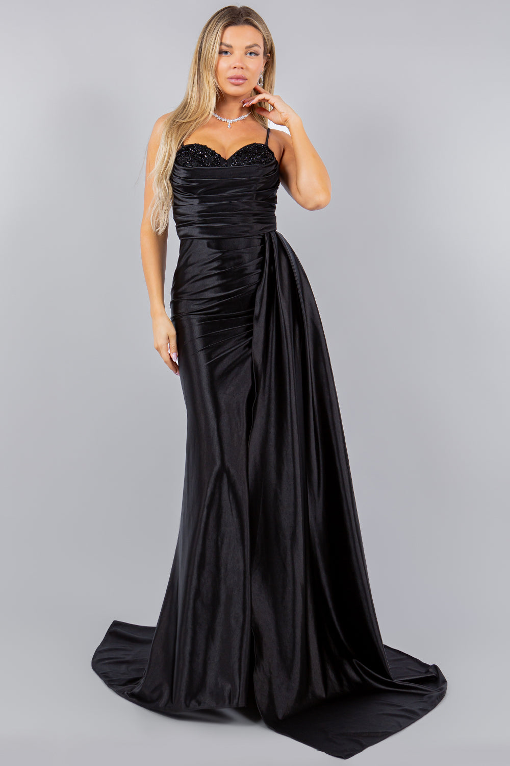 Strapless Beaded Satin Leg Slit Party Dress by Cinderella Couture USA AS8082J