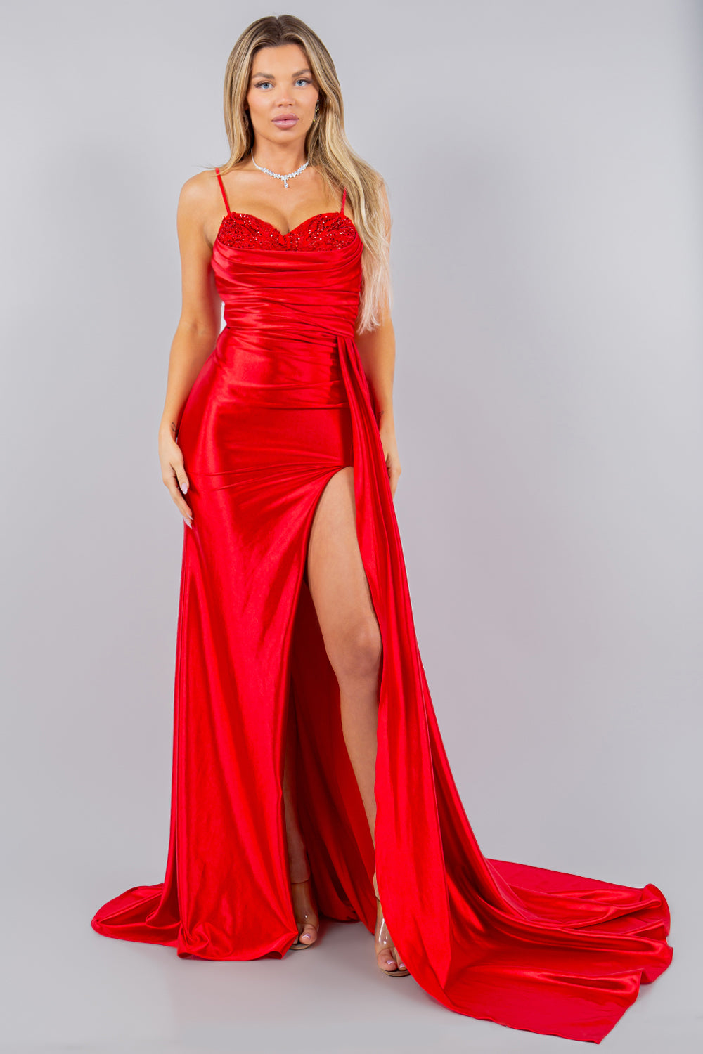 Strapless Beaded Satin Leg Slit Party Dress by Cinderella Couture USA AS8082J