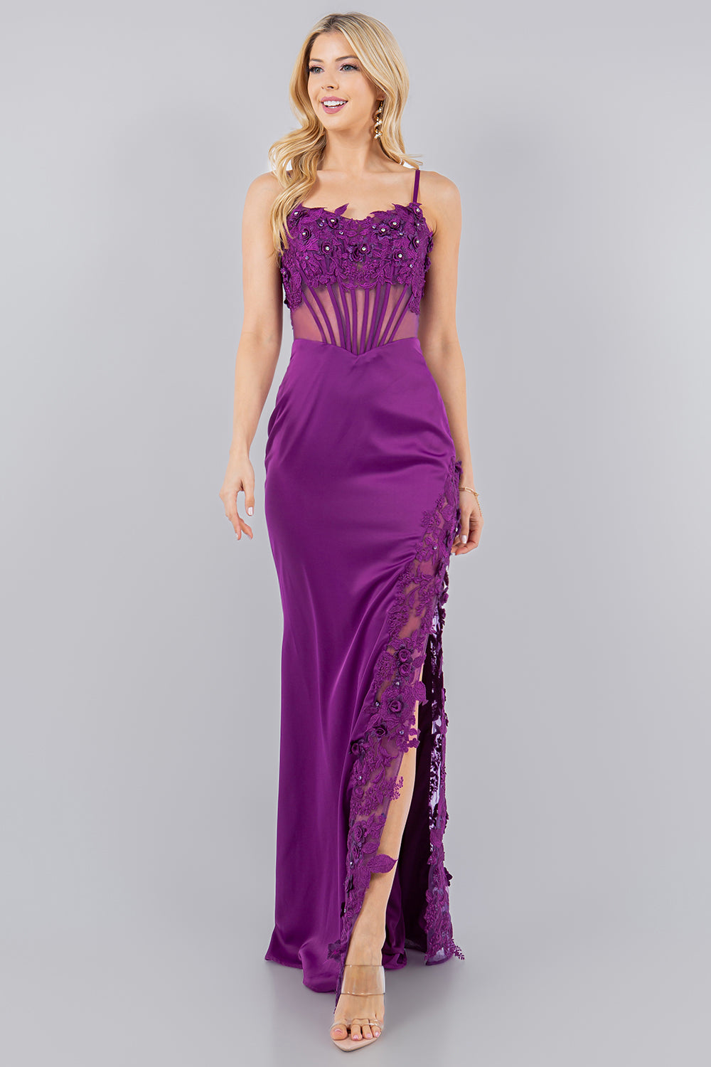 Fitted 3D Floral Sleeveless Slit Party Dress by Cinderella Couture USA AS8085J