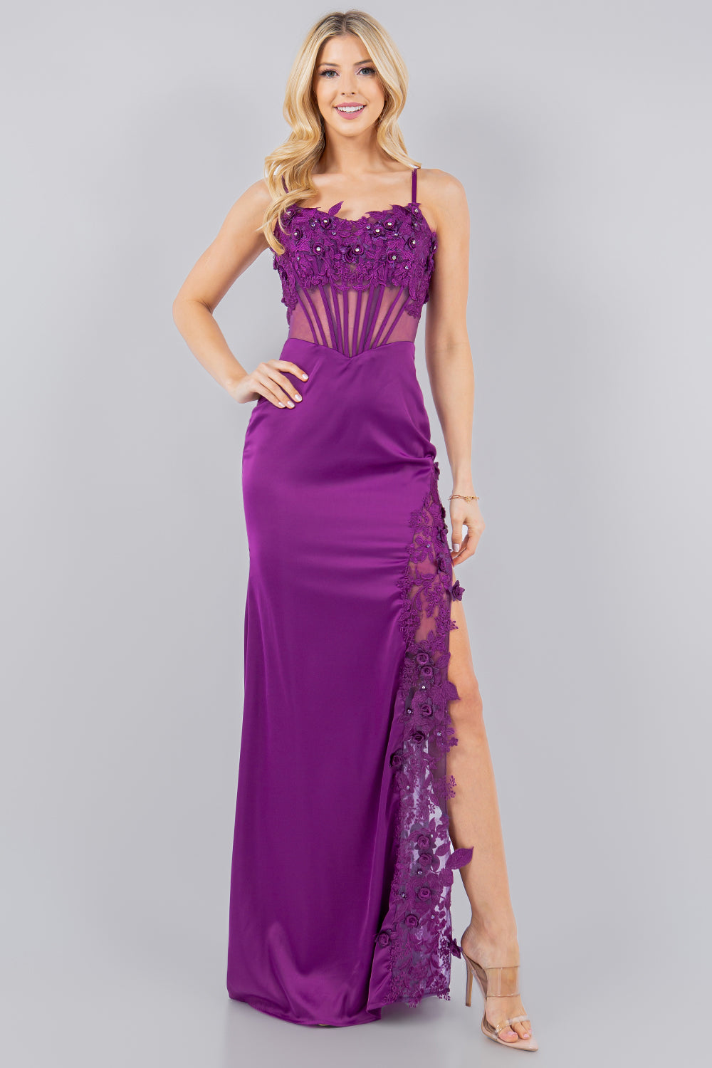 Fitted 3D Floral Sleeveless Slit Party Dress by Cinderella Couture USA AS8085J