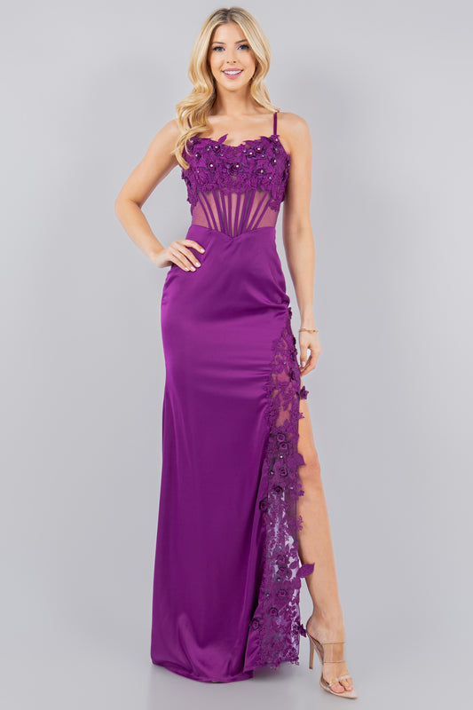Fitted 3D Floral Sleeveless Slit Party Dress by Cinderella Couture USA AS8085J