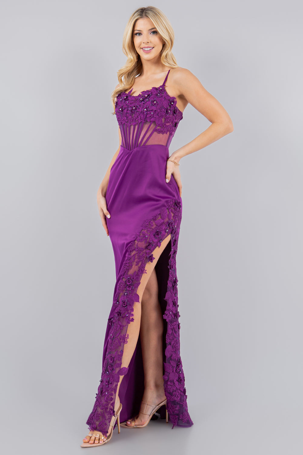 Fitted 3D Floral Sleeveless Slit Party Dress by Cinderella Couture USA AS8085J