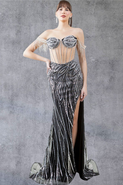 Strapless Off Shoulder Leg Slit Party Dress by Cinderella Couture USA AS8147J