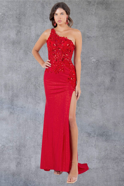 One Shoulder Sequin Leg Slit Party Dress by Cinderella Couture USA AS8162J