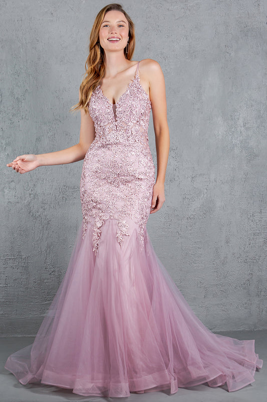 Embroidery V-Neckline Mermaid Party Dress by Cinderella Couture USA AS8178J