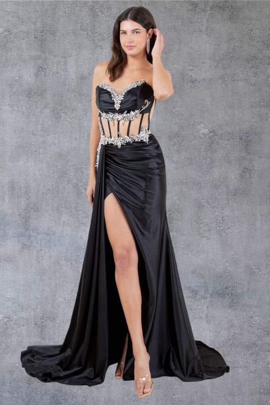 Strapless Satin Leg Slit Sheath Party Dress by Cinderella Couture USA AS8214J