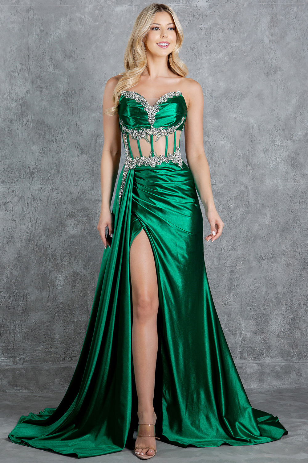 Strapless Satin Leg Slit Sheath Party Dress by Cinderella Couture USA AS8214J