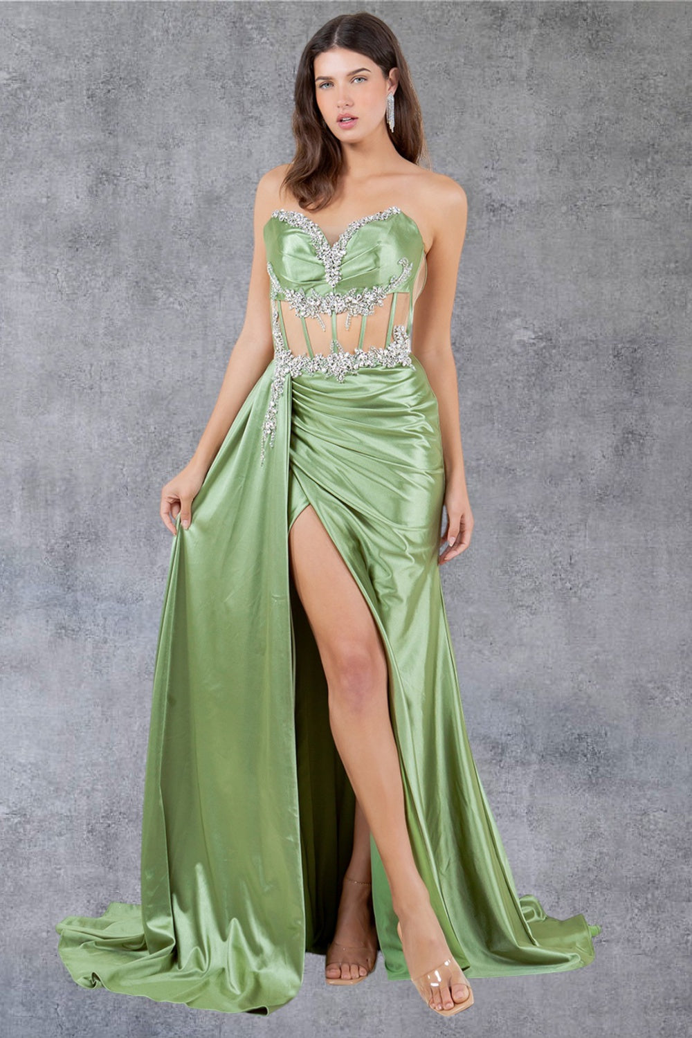 Strapless Satin Leg Slit Sheath Party Dress by Cinderella Couture USA AS8214J