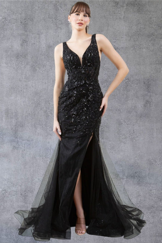 Plunging Neckline Leg Slit Mermaid Party Dress by Cinderella Couture USA AS8241J