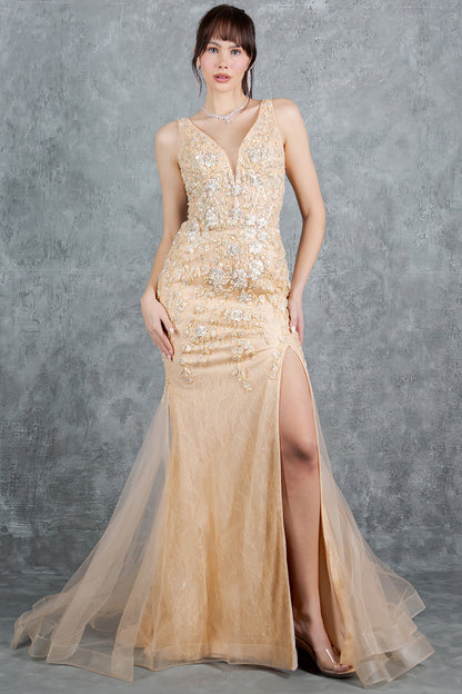 Plunging Neckline Leg Slit Mermaid Party Dress by Cinderella Couture USA AS8241J