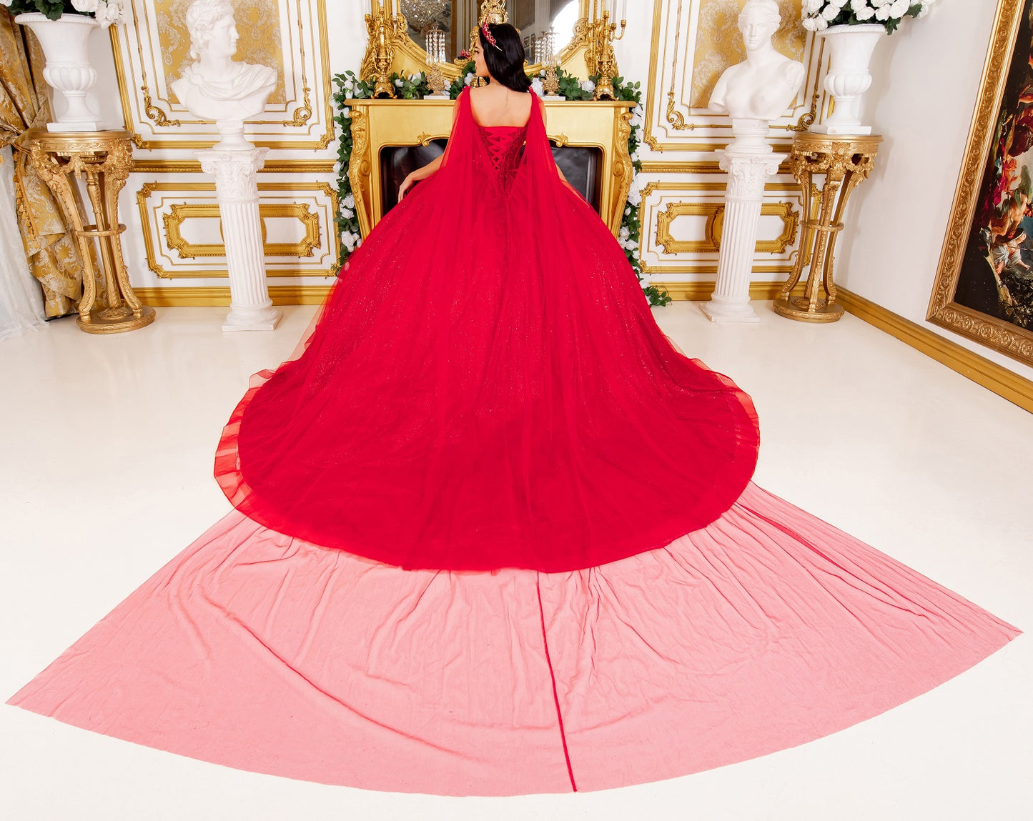 Broach Off Shoulder Cape Quinceanera Dress by Cinderella Couture USA AS8270J
