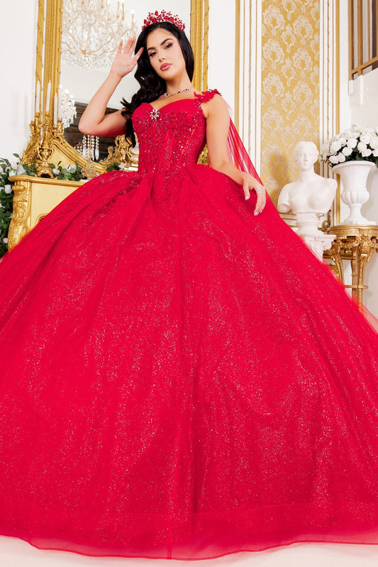 Broach Off Shoulder Cape Quinceanera Dress by Cinderella Couture USA AS8270J