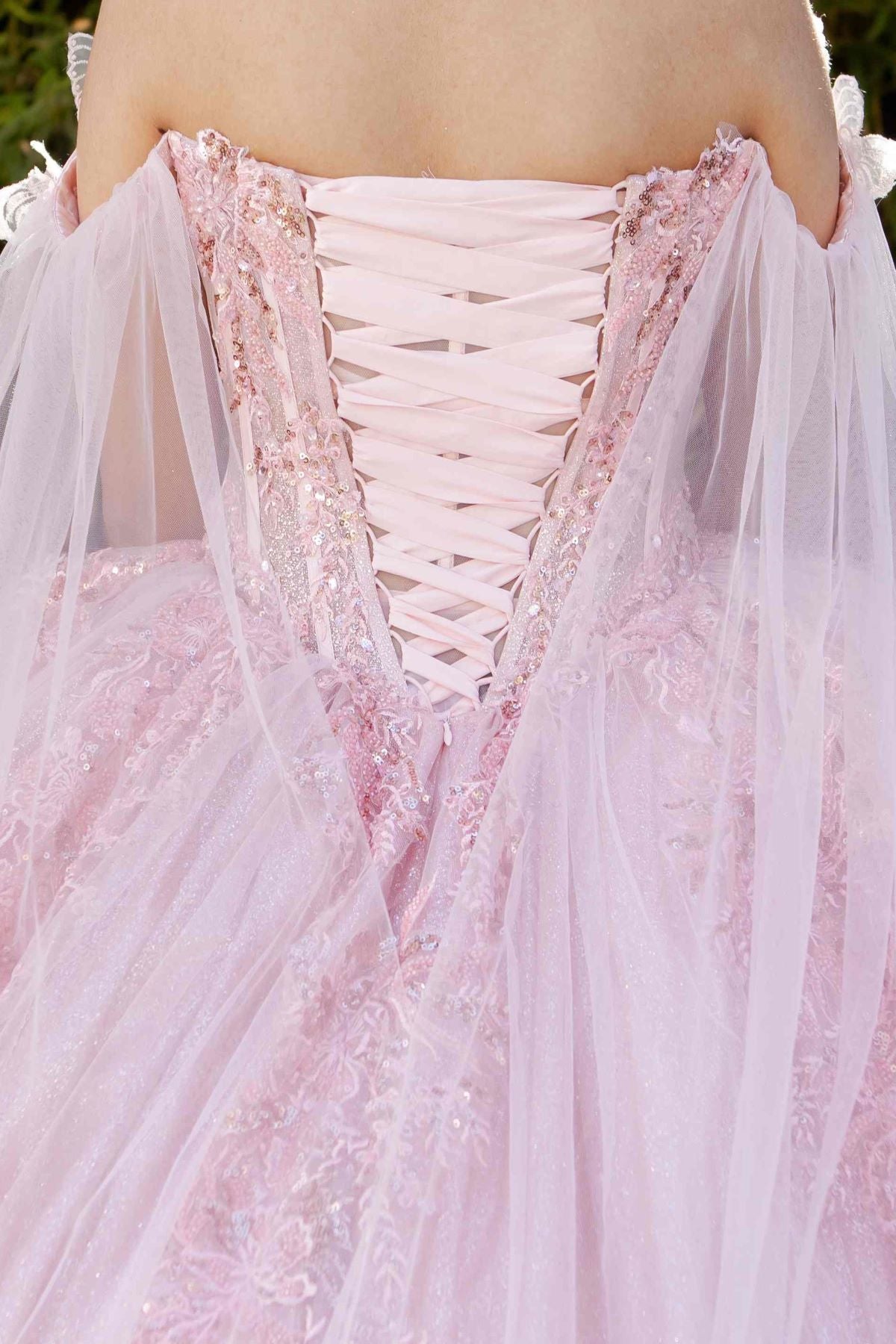 Broach Off Shoulder Cape Quinceanera Dress by Cinderella Couture USA AS8270J