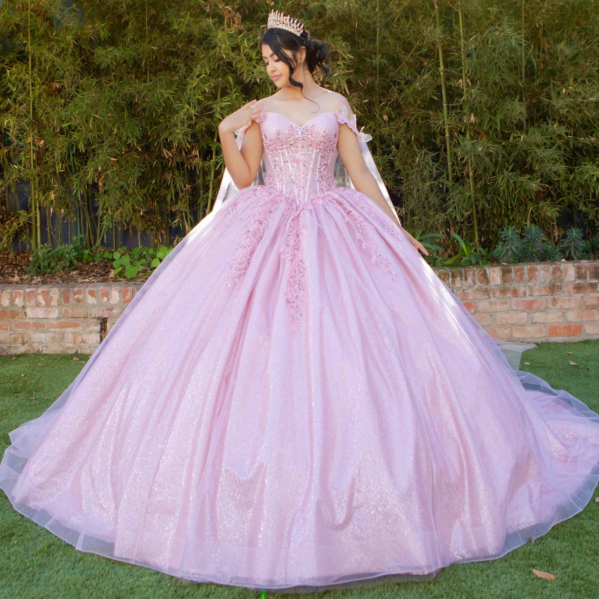 Broach Off Shoulder Cape Quinceanera Dress by Cinderella Couture USA AS8270J