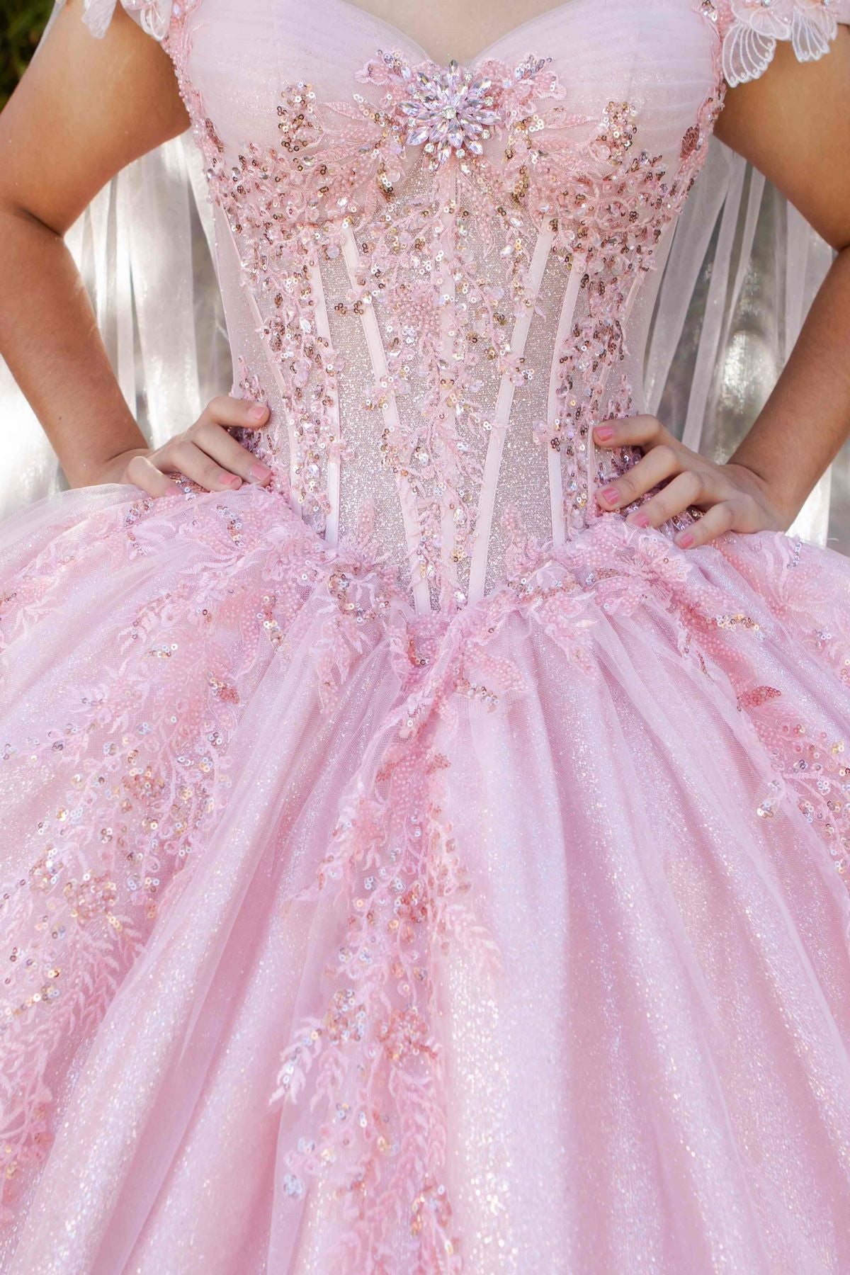Broach Off Shoulder Cape Quinceanera Dress by Cinderella Couture USA AS8270J