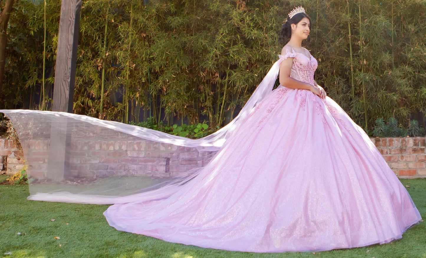 Broach Off Shoulder Cape Quinceanera Dress by Cinderella Couture USA AS8270J