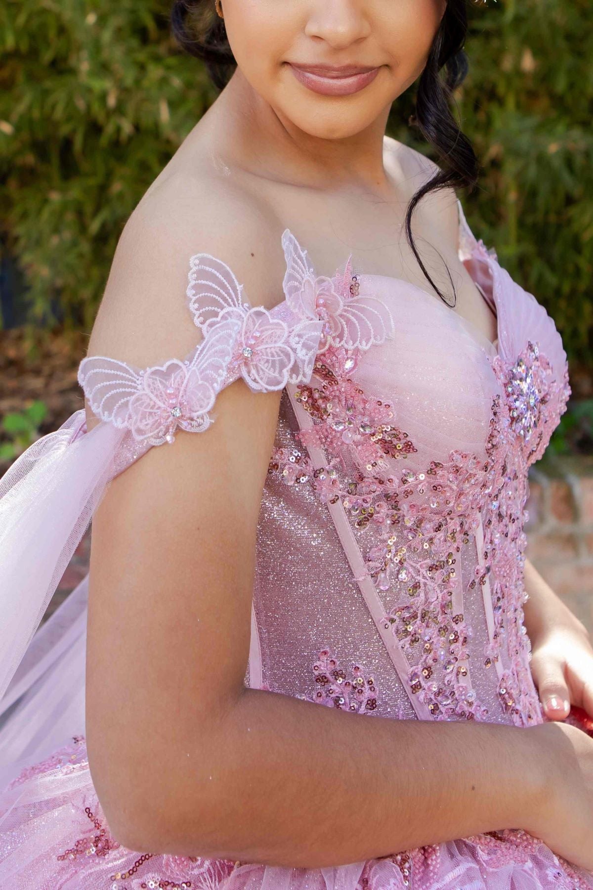 Broach Off Shoulder Cape Quinceanera Dress by Cinderella Couture USA AS8270J Rose gold / 12/XL