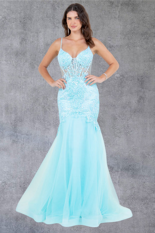 Embroidery Plunging Neckline Mermaid Party Dress by Cinderella Couture USA AS8276J