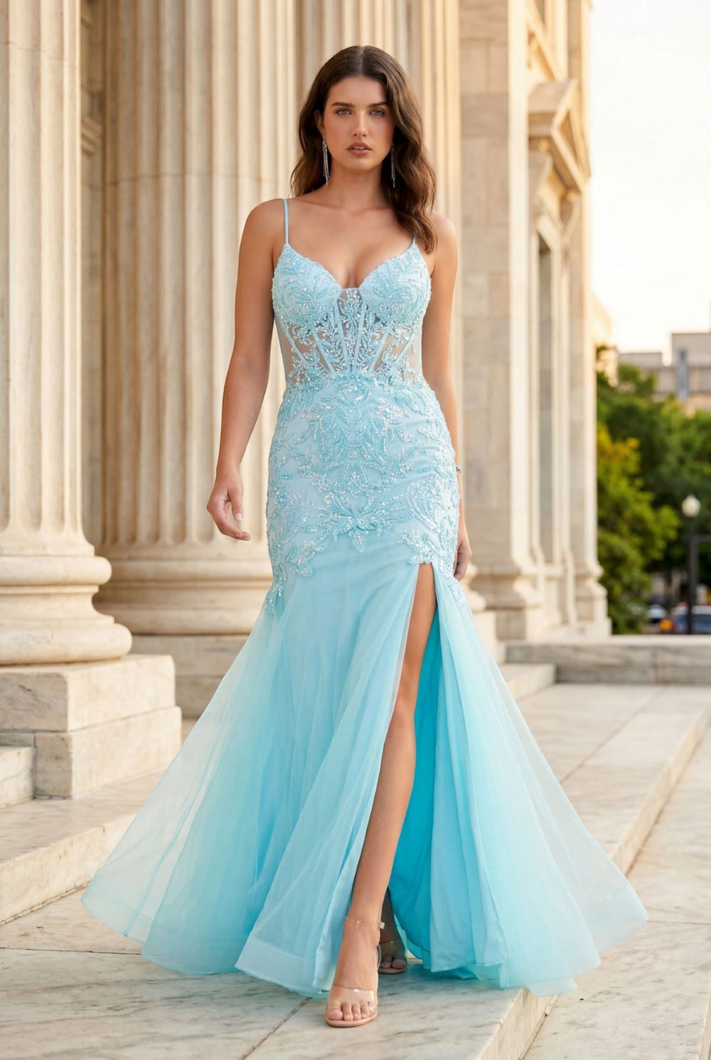 Corset Plunging Neckline Mermaid Party Dress by Cinderella Couture USA AS8276J