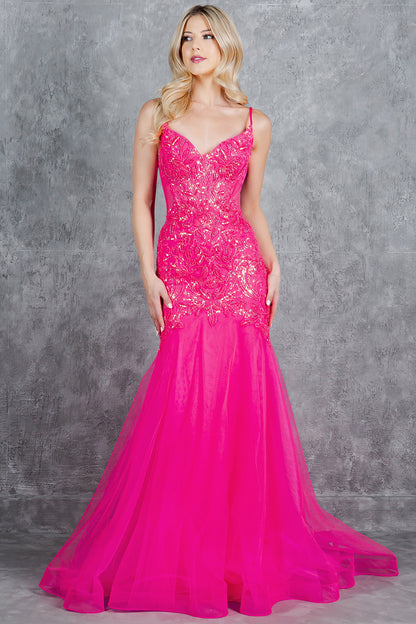 Embroidery Plunging Neckline Mermaid Party Dress by Cinderella Couture USA AS8276J