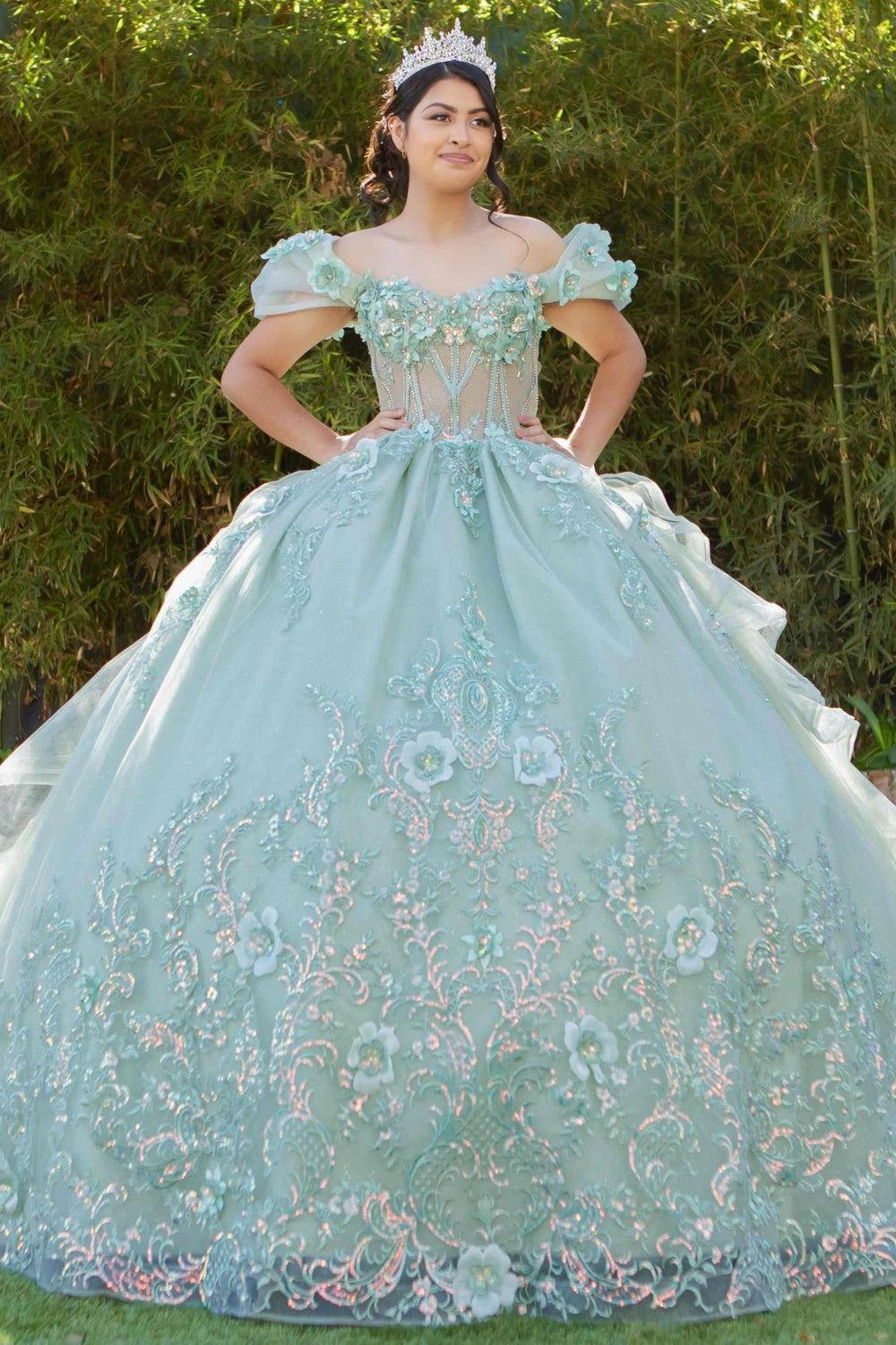 Cinderella Couture 8330J Long Ball Gown 3D Floral Quinceanera Dress - Sage / M