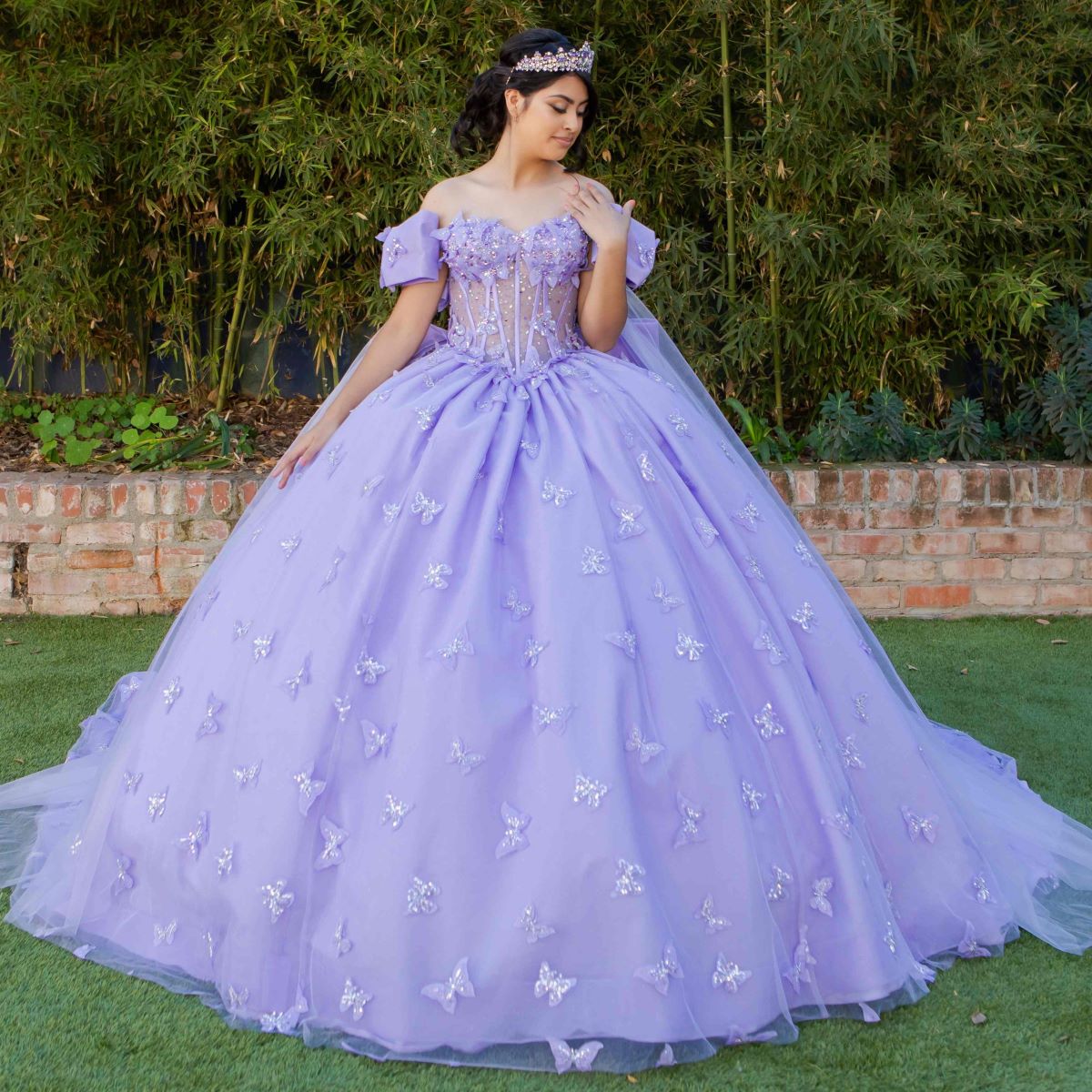 Beadwork Butterfly Sleeve Quinceanera Dress by Cinderella Couture USA AS8350J Lilac / 16/3X