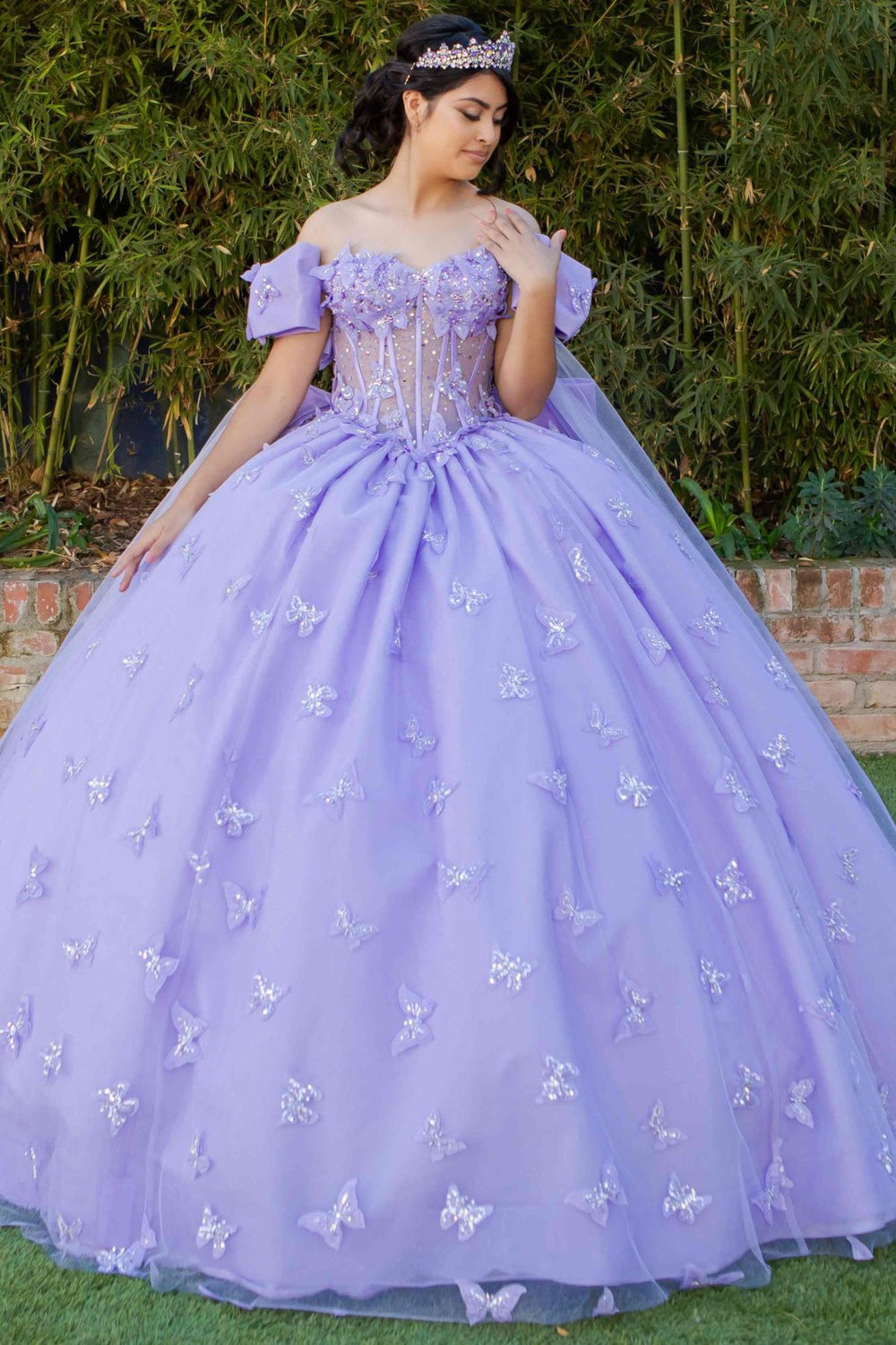 Beadwork Butterfly Sleeve Quinceanera Dress by Cinderella Couture USA AS8350J