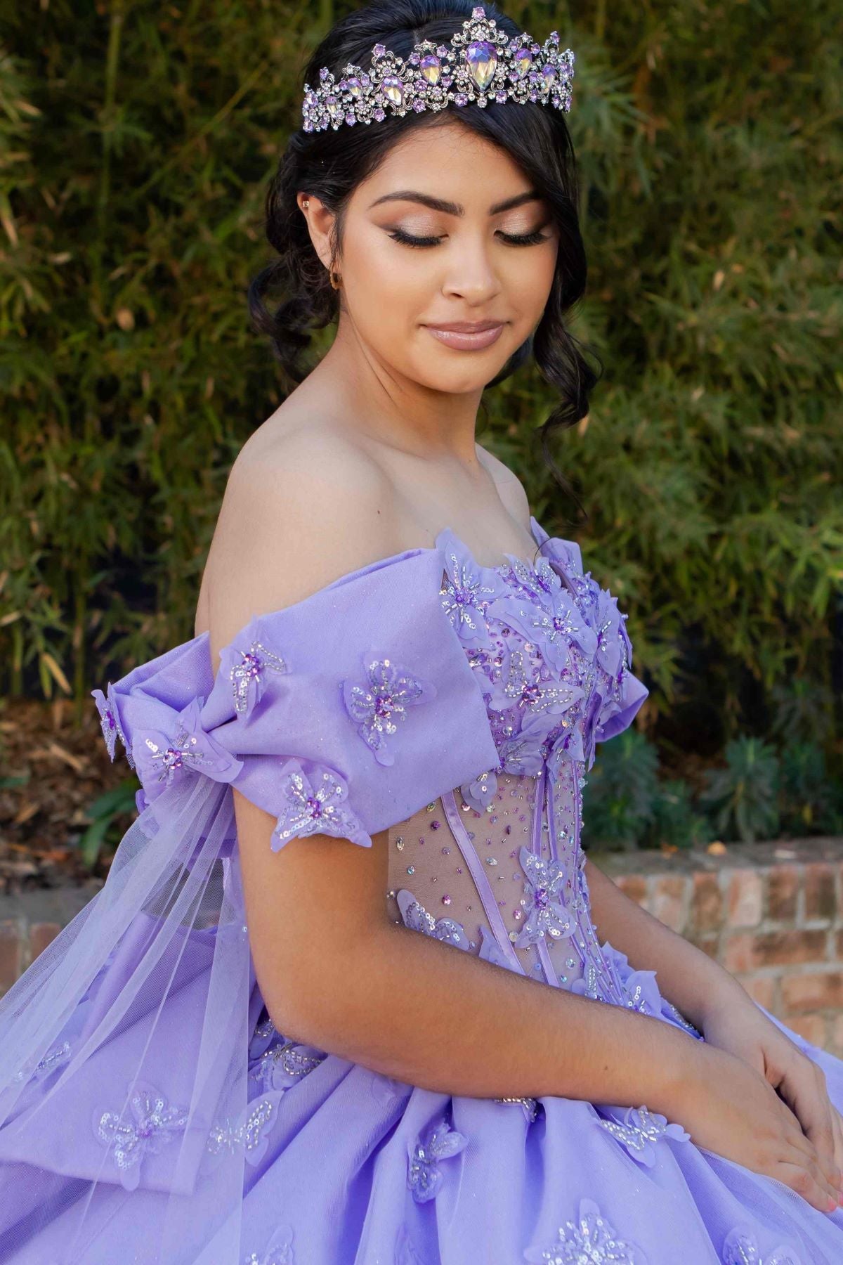 Women's Princess Butterfly Ball Gown – Off-Shoulder Tulle Quinceañera Dress with Beaded Corset and Sheer Sleeve 4/XS-16/3X 16/3X / Lilac