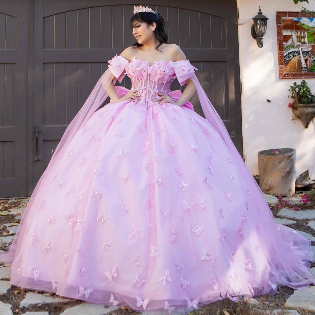 Beadwork Butterfly Sleeve Quinceanera Dress by Cinderella Couture USA AS8350J