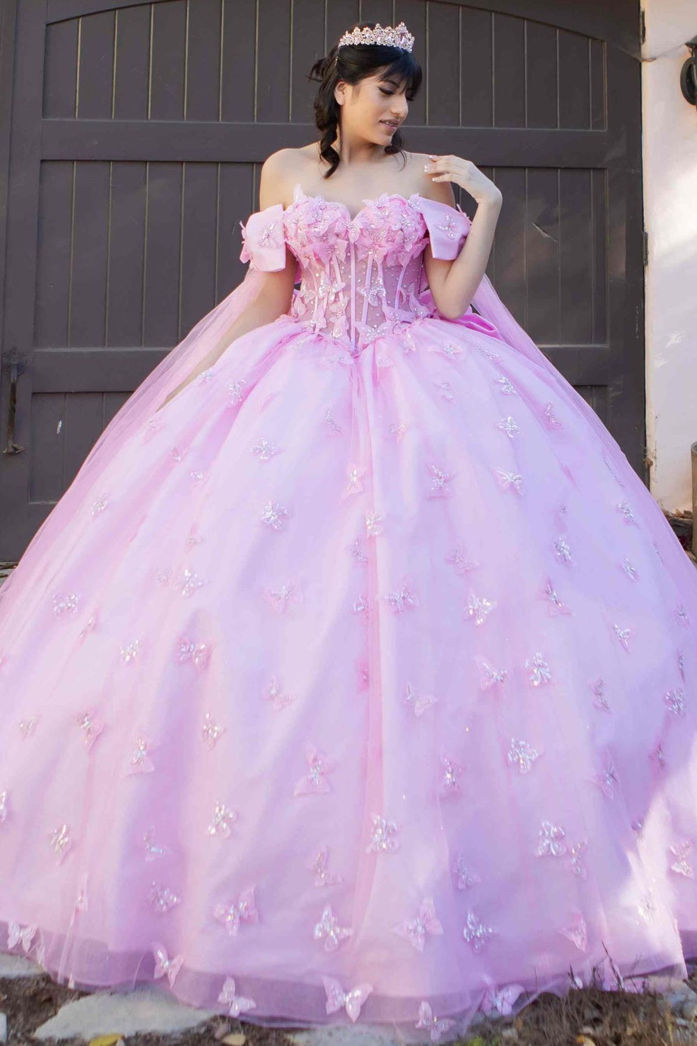 Beadwork Butterfly Sleeve Quinceanera Dress by Cinderella Couture USA AS8350J