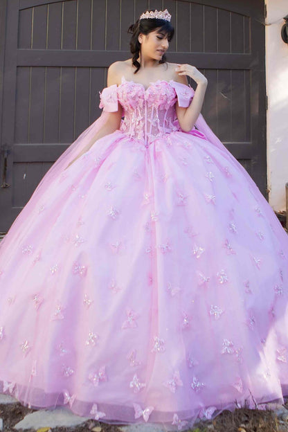 Beadwork Butterfly Sleeve Quinceanera Dress by Cinderella Couture USA AS8350J