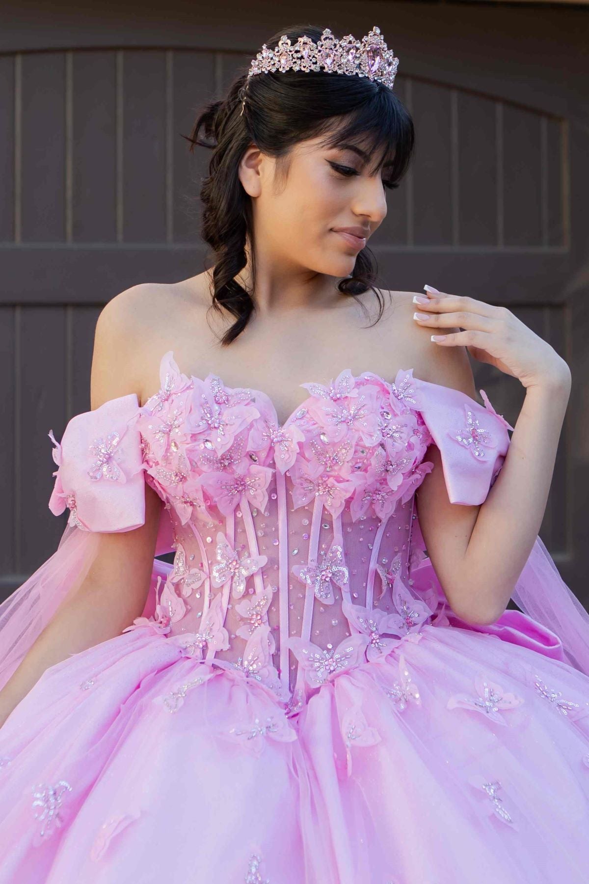 Beadwork Butterfly Sleeve Quinceanera Dress by Cinderella Couture USA AS8350J