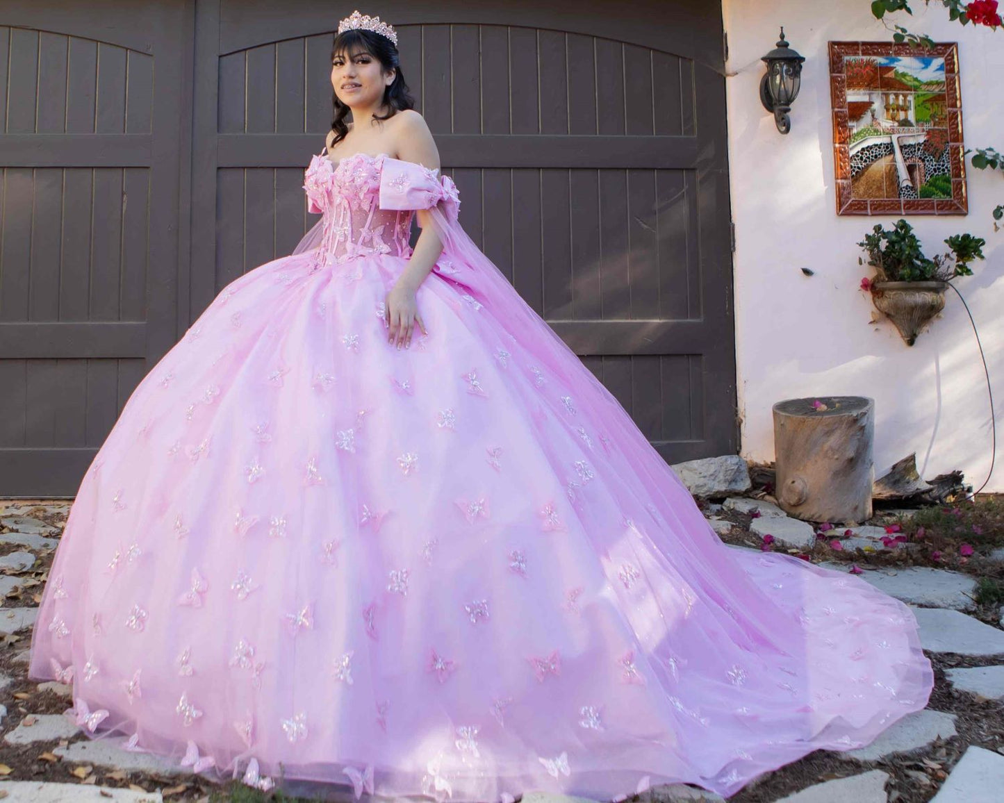 Beadwork Butterfly Sleeve Quinceanera Dress by Cinderella Couture USA AS8350J