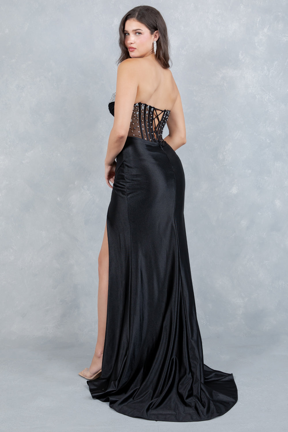 Stone Strapless Corset Slit Dress by Cinderella Couture USA AS8449J