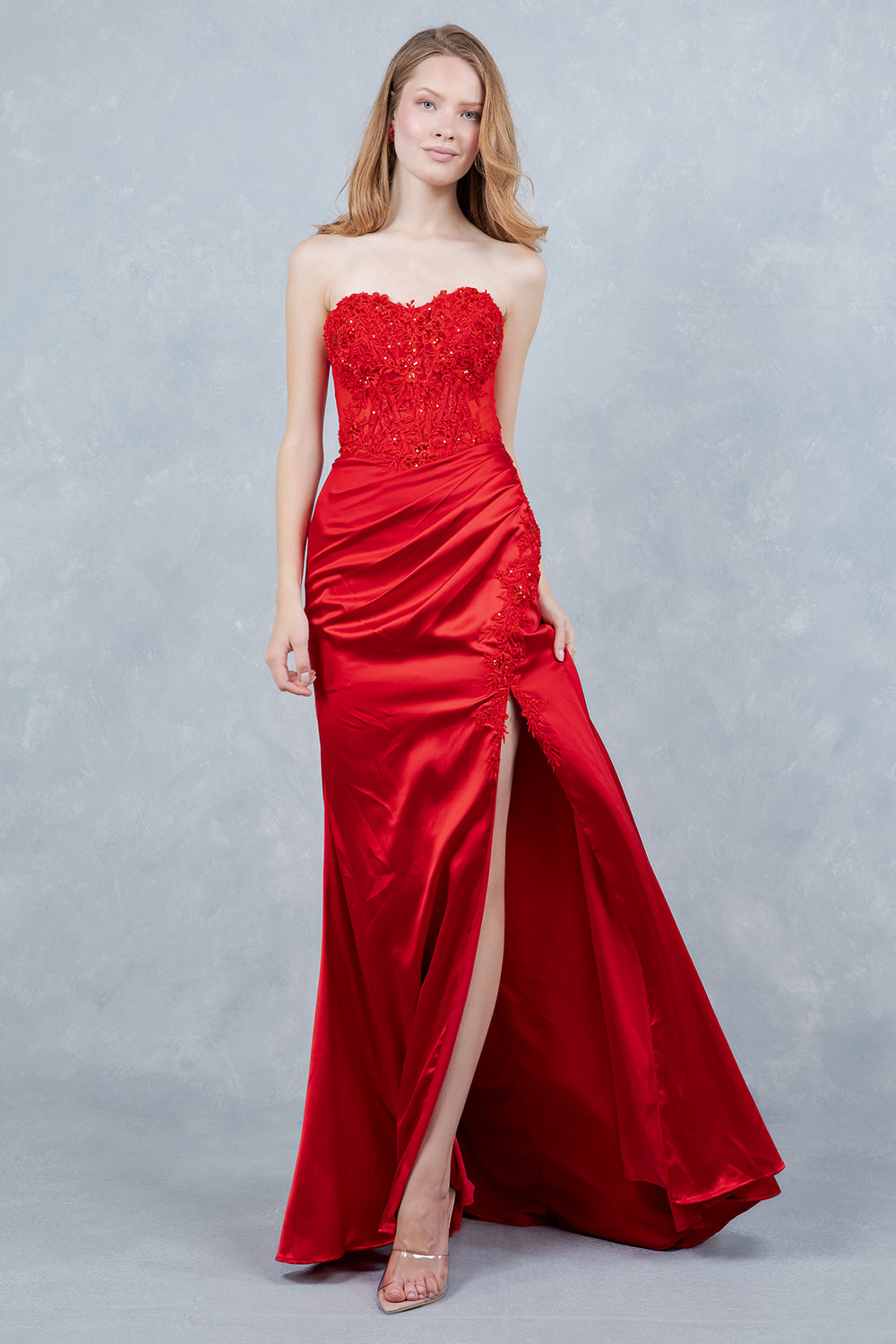 Applique Strapless Slit Gown by Cinderella Couture 8453J L / Red Applique Strapless Slit Gown by Cinderella Couture 8453J L / Red